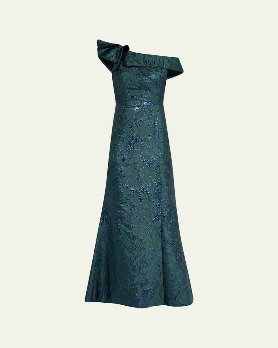 One-Shoulder Ruffle Jacquard Gown